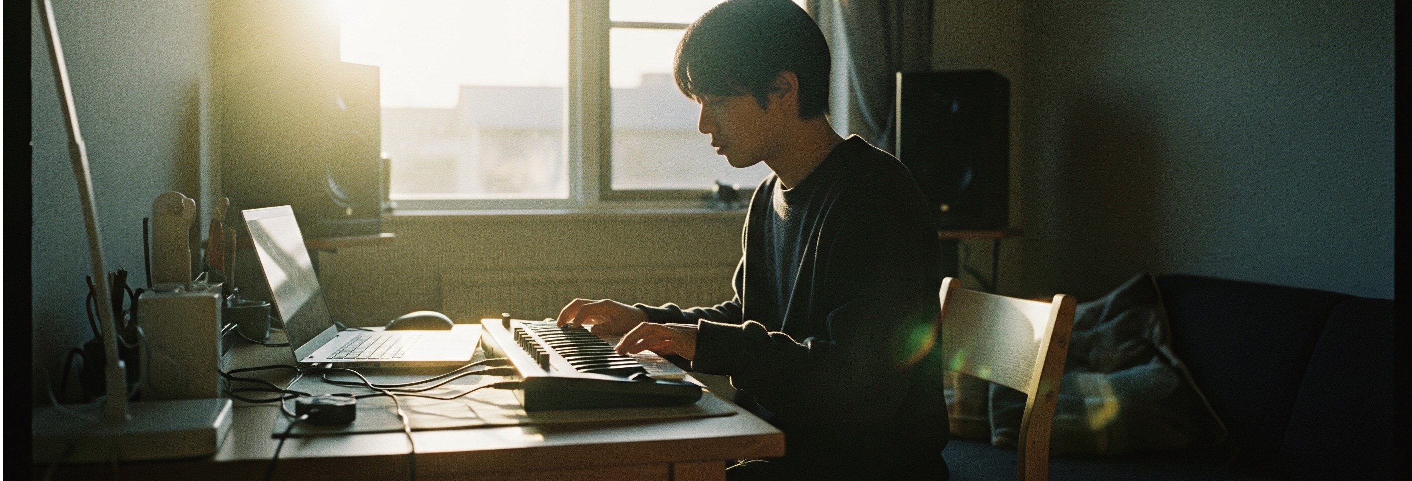 男性がキーボードで作曲している様子